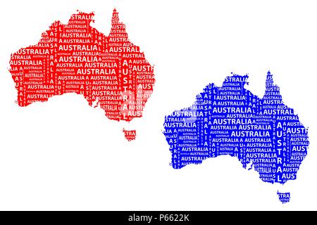 Schizzo Australia testo lettera continente, Australia parola - la forma del continente, mappa del continente Australia - il rosso e il blu illustrazione vettoriale Illustrazione Vettoriale