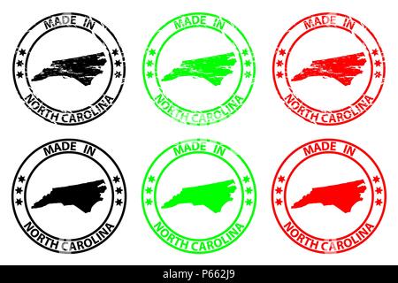 Realizzati in North Carolina - timbro di gomma - vettore, North Carolina (Stati Uniti d'America) Mappa del modello - nero, verde e rosso Illustrazione Vettoriale