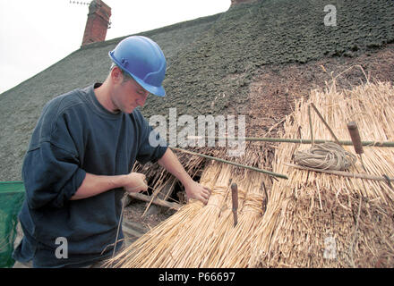 Ricoprendo di paglia in corso. Fasci di serraggio con una stringa. Foto Stock