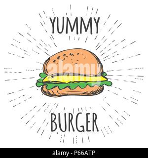 Yummy burger etichetta vintage in stile hipster con sunburst. Illustrazione Vettoriale