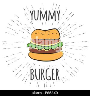 Yummy burger etichetta vintage sunburst con Illustrazione Vettoriale