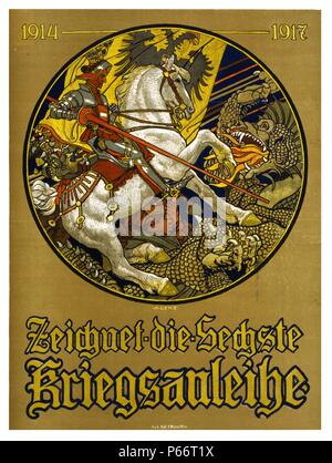 Zeichnet die sechste Kriegsanleihe, 1914-1917 da Maximilian Lenz, 1860-1948, artista. Pubblicato. Poster mostra un cavaliere a cavallo, con l'impero austro-ungarico banner dietro di lui, che uccide il drago. Testo: Sottoscrivere il sesto prestito di guerra. 1917 Foto Stock