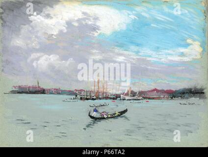 Al di fuori di Venezia da Joseph Pennell, 1857-1926, artista. datato 1908. L'Italia, Venezia. Come descritto Wuerth, 'Vista della vasta laguna, fuori Venezia, sotto pesantemente cielo velato. Colori, grigio, marrone, nero, viola, blu, rosa, arancione, lavanda e bianco bluastro sulla carta grigia." Grande nero gondola in primo piano centro, altre navi dietro. Foto Stock