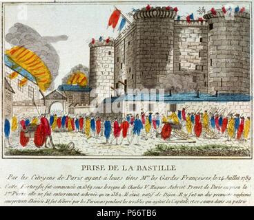 Prise de la Bastille par les citoyens de Paris; C'est ainsi que l'su punit les traitres 1789. I cittadini con le pistole ed i Lucci al di fuori della Bastille, luglio 14, 1789, e capi di 'traditori' essendo portati su lucci. Foto Stock