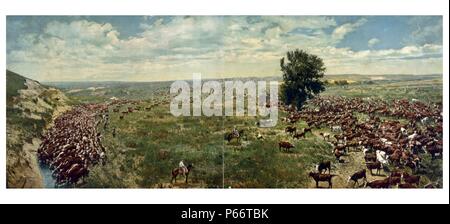 Arrotondamento di un branco in un ranch del Texas 1912. Foto panoramica di cowboy a cavallo, radunare il bestiame. Bovini di bere dalla corrente a sinistra. Foto Stock