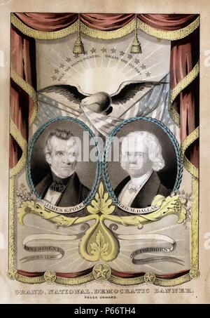 Uno dei numerosi i banner della campagna di Nathaniel Currier è noto per aver prodotto per i democratici in 1844. Esso presenta due laurel-inghirlandato, ovale ritratti di presidenziale democratico e vice-candidati presidenziali James K. Polk (sinistra) e George M. Dallas (a destra). La stampa imita i drappi appesi e fiocchi di stoffa banner, che aspirano a un 'trompe-l'oeil' effetto. Al centro, sopra i ritratti, appaiono un aquila e diverse bandiere nordamericane. Foto Stock