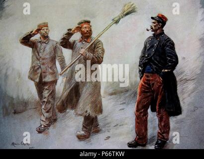 Prigionieri di guerra tedeschi salutate un ufficiale francese 1915 a un prigioniero francese della Guerra camp a Dinan. La pittura di Maurice arancione. Foto Stock