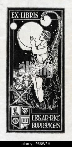 Ex libris di Edgar Rice Burroughs, 1875-1950 (ex libris da Studley Burroughs) Pubblicato: tra il 1914 e il 1922. Stampa mostra Tarzan tenendo premuto il pianeta Marte, circondato da altri caratteri da Burroughs' storie e simboli relativi all'autore interessi personali e di carriera. Foto Stock