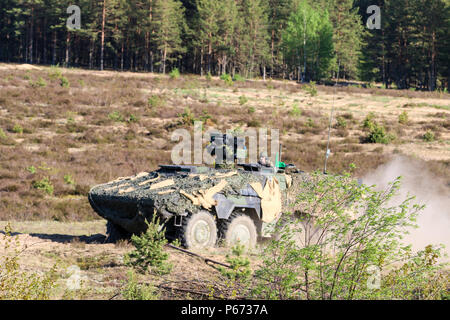 Il 12 maggio 2016, un veicolo da combattimento armato GTK Boxer dell'esercito tedesco manovrò nella sua posizione di fuoco durante l'esercitazione Hunter presso l'area di addestramento del generale Silvestras Zukauskas, Lituania. L'esercitazione ha coinvolto oltre 1.200 soldati multinazionali provenienti da Canada, Germania, Lettonia, Lituania, Polonia, e gli Stati Uniti, migliorando l'interoperabilità alleata, le tattiche corazzate e il coordinamento operativo in scenari di fuoco dal vivo. Foto Stock