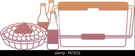 Picnic food design con refrigerante di cibo con bottiglie di birra e torta dolce su sfondo bianco, illustrazione vettoriale Illustrazione Vettoriale