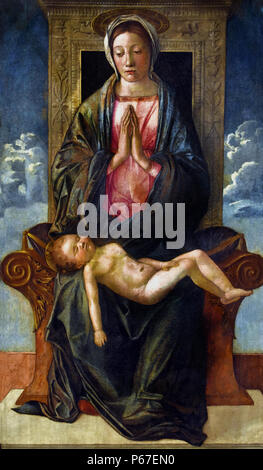 Madonna in trono adorare il Cristo dormiente ,1475 figlio di Giovanni Bellini 1430-1516 Italia, ITALIANO, Foto Stock