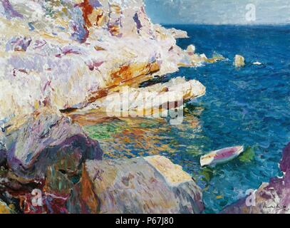 Joaquin Sorolla y Bastida 1863-1923 artista spagnolo. "Rocas de Jávea y el bote blanco' Ricks di javier con una barca bianca. 1905 Foto Stock