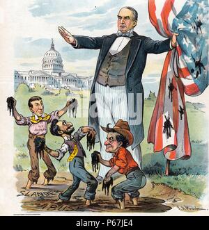 Tutto ciò per uno scandalo " il presidente William McKinley (1843-1901) permanente al bordo di un mudhole etichettato "lander" e "l'abuso", tenendo un fango-opener bandiera americana nella sua mano sinistra. Tre figure sono gettare fango, sono William Jennings Bryan, Joseph Pulitzer etichettato "N.Y. Mondo', e William Randolph Hearst etichettato "N.Y. Journal'. Gli Stati Uniti Capitol è in background. Foto Stock