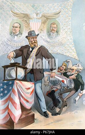 Il vero tedesco-americana' American tedesco uomo in piedi di fronte a un banner che mostra busto ritratti del presidente William McKinley e Theodore Roosevelt; come Egli getta il suo voto, egli utilizza la sua mano sinistra, tenendo papers etichettato "" di naturalizzazione, a pennello a parte l'imperatore tedesco Guglielmo II e Carl Schurz. Foto Stock