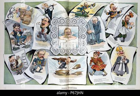 Di Puck valentines' Valentines card dotate di presidente Theodore Roosevelt come cupido è circondato da altri valentines dotato di due leader europei (Guglielmo II di Germania e Nicola II di Russia), un profeta, American industrial le figure e i politici un ammiraglio Russo, un uomo identificato solo come "Tom' che 'scrive un migliaio di parole al minuto' su macchine da scrivere, e un Wall Street con l'artista. Foto Stock