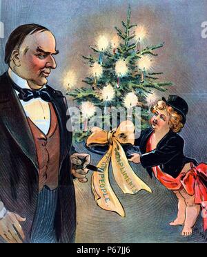 Un Buon Natale!" Puck offre un piccolo albero di Natale, con nastro affermando che "i complimenti del Popolo" al Presidente McKinley. Foto Stock