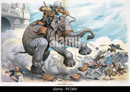 Più ruvida " Equitazione Presidente Theodore Roosevelt come Rough Rider' che portano un pike etichettato "Fearlessness' e cavalcare un elefante etichettato "amministrazione"; egli ha inseguito molti uomini etichettato 'Dishonest ufficiale' e 'corruzione' dal 'Post Office' Dipartimento. Ci sono borse di posta elettronica etichettati 'corruzione, scandalo, [e] corruzione' e lettere etichettato "corrompere, scandalo, [e] corruzione' battenti in rush di vento come funzionari corrotti fuggire Roosevelt e l'elefante sfrenato. Foto Stock