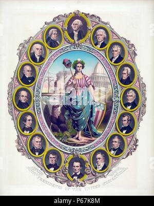 Presidenti degli Stati Uniti " un grande stampa rilasciato probabilmente intorno al tempo di Abramo Lincoln's inaugurazione. Il Columbia sta davanti agli Stati Uniti Capitol, tenendo uno scudo e una personale con un liberty cap. Su la sua fronte che indossa una corona di alloro con una sola stella. Accanto a lei è un'aquila, tenendo uno streamer con il motto "E pluribus unum". un piroscafo è visibile sullo sfondo a sinistra. La scena centrale è incorniciato da ovale ritratti dei primi sedici presidenti degli Stati Uniti, George Washington nella parte superiore e di un rasa Abraham Lincoln in fondo. Foto Stock