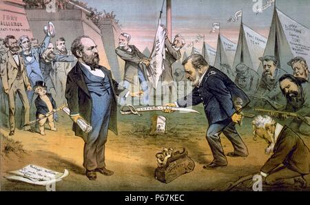 Il Appomattox del terzo termers - resa incondizionata' Cartoon mostra Ulysses S. Grant, indossa una guerra civile uniforme, nella parte anteriore delle tende "Camp Borbone," "post trading tenda", ecc., e Belknap, Cameron, Williams, e Murphy, come soldati con facce infelice, tramandando spada danneggiata 'IIId. termine imperialismo' a James Garfield, chi è in possesso di carta " per nomina presidente Garfield,' davanti a 'Fort Alliance (anti-terzo termine)." Foto Stock