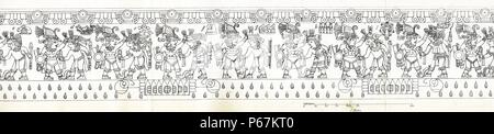 Disegno della linea di scene che girano intorno ai bordi della pietra di Tizoc. La pietra di Tizoc una grande rotonda, scolpiti in pietra azteca pensato per essere stata una quauhxicalli, in cui i cuori delle vittime di sacrificio sono state poste. Datata xviii secolo Foto Stock