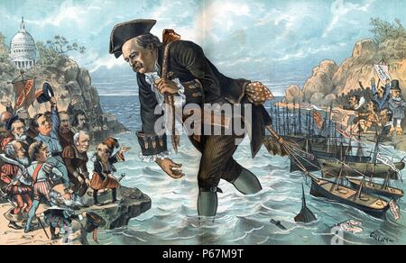 Gulliver-Cleveland prende possesso del la flotta nemica e li priva della loro forza' illustrazione mostra il Presidente Cleveland (1837-1908) come Gulliver con una corda etichettato " buona politica" legato alle navi del "Partito Repubblicano' e tirandoli verso la sponda opposta dove un gruppo di uomini di attendere al di sotto di un banner etichettato 'democrazia' con gli Stati Uniti Capitol su una collina dietro di loro. Foto Stock