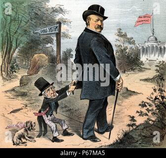 Una piccola seccatura' illustrazione mostra il Presidente Cleveland (1837-1908) camminando giù per un sentiero verso un edificio battenti una bandiera etichettato "Non-Partisan governo"; un diminutivo Thomas A. Hendricks, Vice Presidente, è a strattoni su Cleveland's coattails, cerca di sterzare lui giù per un sentiero marcato poils "sistema". Vi è un piccolo cane etichettato "Aquilla Jones" al guinzaglio che va intorno a Cleveland la gamba destra ed è collegato a Hendricks. Jones è stato nominato Postmaster in Indianapolis da Hendricks. Foto Stock