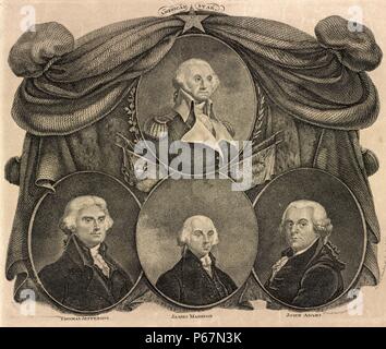 American star' medaglione ritratti di George Washington e (in basso e da sinistra a destra) Thomas Jefferson, James Madison e John Adams sono incorniciate contro una cortina di drappeggi e pellicce sormontato da una stella. Washington il ritratto è inghirlandato con rovere e alloro, e decorate con le bandiere, uno portante la guarnizione degli Stati Uniti e un altro una corona. Foto Stock