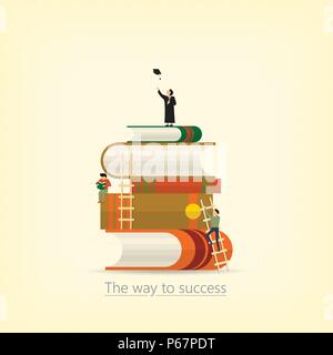 Si torna a scuola, prenota concetto la strada verso il successo. Il libro impilati e un uomo in miniatura salendo per raggiungere il suo picco è graduato. Design piatto vettore Illustrazione Vettoriale