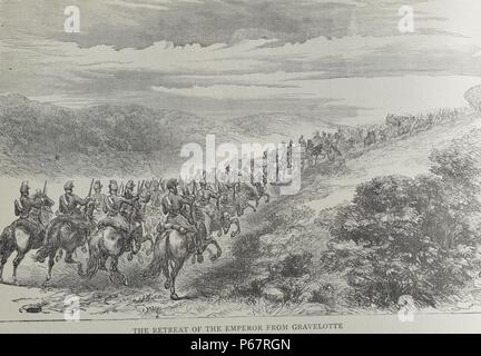 Incisione raffigura il ritiro dell'Imperatore prussiano da Gravelotte. La battaglia di Gravelotte fu una battaglia della Guerra franco-prussiana chiamato dopo Gravelotte, un villaggio in Lorena tra Metz e il francese ex-frontiera tedesca. Datata 1870 Foto Stock