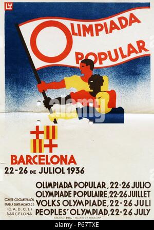 Poster per l'offerta spagnolo per il 1936 Giochi Olimpici. Berlino ha vinto la gara per ospitare i giochi su Barcellona, Spagna e che segnò la seconda e ultima volta che il Comitato Olimpico Internazionale si riunissero a votare in una città che è stata offerta per ospitare i giochi. Foto Stock