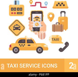 Set di servizio taxi icone piana. Auto, bagagli, tassametro mobile app Illustrazione Vettoriale