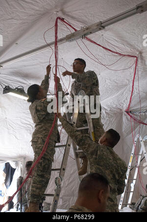 I soldati della California Army National Guard Quartier Generale della Società, 224th supporto brigata stabilire la connettività di rete all'interno dell'unità dello stato dell'arte Standard integrato il comando Post sistema durante la loro 2016 annuale evento di formazione di Camp Roberts, 16 maggio. Alloggiato all'interno di 6.000 piedi quadrati di dispiegabili rapido Montaggio riparo, il multi-tenda complesso fornirà un pienamente operativo il centro di controllo in grado di tenere traccia di ogni della brigata il patrimonio e la sua circolazione in tutto lo stato. (U.S. Foto dell'esercito da Staff Sgt. Melissa legno/RILASCIATO) Foto Stock