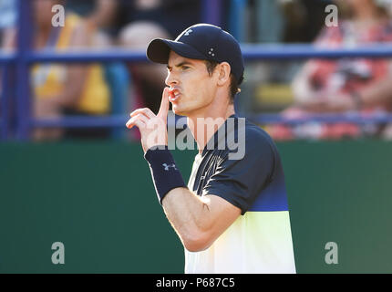 Andy Murray di Gran Bretagna fa un gesto di sussurrare nella sua corrispondenza con Stan Wawrinka della Svizzera durante la natura Valle torneo internazionale di tennis in Devonshire Park in Eastbourne East Sussex Regno Unito. Il 25 giugno 2018 Foto Stock