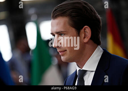 Bruxelles, Belgio su Jun. 28, 2018. Il primo ministro dell'Austria Sebastian Kurz arriva per un incontro con i dirigenti dell'Unione europea. Foto Stock