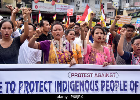 Guwahati (India). Il 29 giugno, 2018. Gli attivisti di tutti gli studenti Assam Unione (AASU) lungo con 28 organizzazioni etniche prendere parte in un corteo di protesta contro la cittadinanza (emendamento) Bill 2016 proposta per fornire la cittadinanza o il soggiorno dei diritti per le minoranze dal Bangladesh, Pakistan e Afghanistan in India, a Guwahati il Venerdì, 29 giugno 2018. Foto: RAJIB JYOTI SARMA Credito: Rajib Jyoti Sarma/Alamy Live News Foto Stock