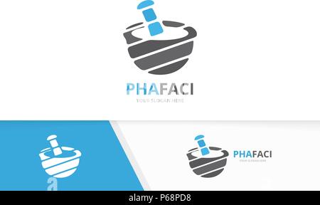 Farmacia di vettore di combinazione di logo. Pounder simbolo o icona. Unico mortaio e pestello logotipo di modello di progettazione. Illustrazione Vettoriale