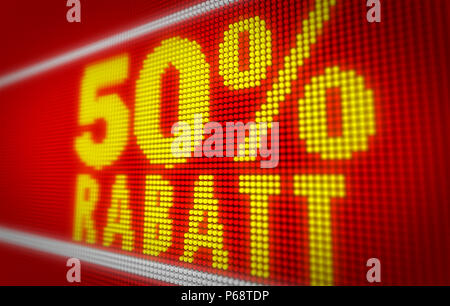 Verkauf (in vendita in tedesco) 50% titolo sul grande display a LED. Messaggio promozionale 3d'illustrazione. Foto Stock