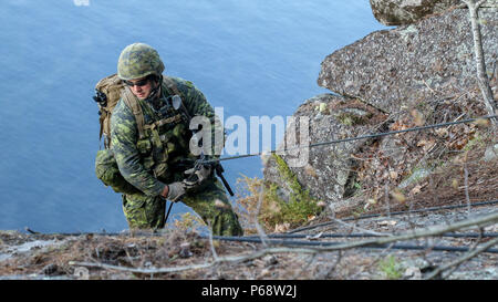 Un paracadutista canadese dal 3 Royal Canadian reggimento rappels giù in un dirupo durante la collina 187 concorrenza, l'evento culminante per il funzionamento Viking Taloni, su Garrison Petawawa, Ontario, 17 maggio 2016. Un plotone dal 2° Battaglione, 325Airborne Reggimento di Fanteria, 2° Brigata Team di combattimento, ottantaduesima Airborne Division, comandata dal 3° RCR durante il Viking Taloni, sono stati invitati a partecipare, e successivamente ha vinto il concorso, prendendo la seconda Lt. Ed Hollyer trophy. Il concorso prende il nome dall'ultima e impegno più sanguinosi della guerra di Corea per i Canadesi, quando il terzo Foto Stock