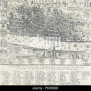 Mappa di Londra 1593 da John Norden mostra le scorte (per la punizione), edifici chiave entro il centro o la zona della città Foto Stock