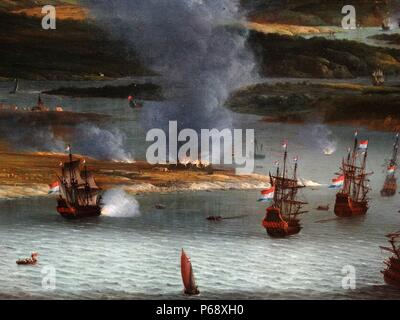 Pittura intitolato "Attacco a Chatham'. Dipinto da Willem Schellinks (1627-1678). Risalenti al XVII secolo Foto Stock