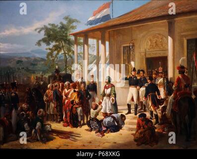 Dipinto raffigurante la presentazione di Diepo Negoro per Lieutenant-General Hendrik Merkus Barone de Kock. Dipinto da Nicolaas Pieneman (1809-1860), pittore olandese. Datata 1835 Foto Stock