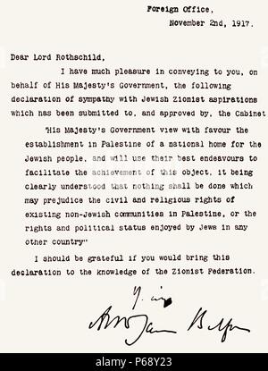 La Dichiarazione Balfour, una lettera da parte del Regno Unito degli esteri Arthur James Balfour. Datata 1917 Foto Stock