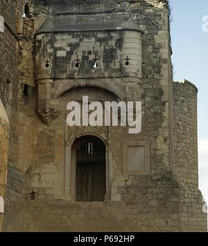 CASTILLA-LA MANCHA. GARCIMUÑOZ. Detalle del Castillo, a las puertas del cual murió el poeta Jorge Manrique en 1479. Provincia de Cuenca. España. Foto Stock