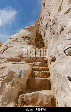 Una scalinata di pietra scolpiti nel lato dell'ein avdat canyon nel deserto del Negev in Israele Foto Stock