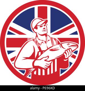 Icona di stile retrò illustrazione di un pescivendolo britannico di vendita del pesce con Regno Unito Regno Unito, Gran Bretagna Union Jack flag impostato all'interno del cerchio sulla isolato Illustrazione Vettoriale