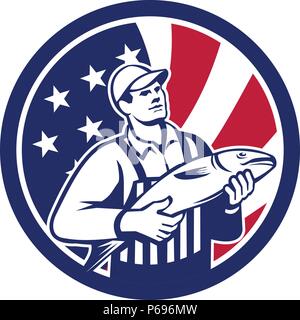 Icona di stile retrò illustrazione di un American pescivendolo la vendita del pesce con gli Stati Uniti d'America USA star lamas banner o a stelle e strisce bandiera Illustrazione Vettoriale