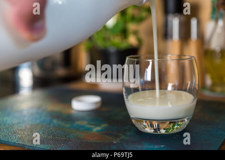 Mano fresco versatore kefir probiotik bere dalla bottiglia bianca in vetro chiaro sul tavolo da cucina. Foto Stock