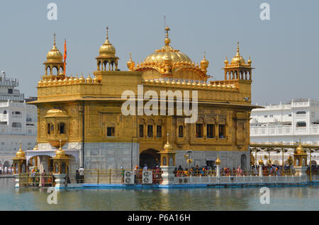 Tempio d'oro, Amritsar, India, Punjab, Harmandir Sahib, santuario dei sikh, costruito nel XVI secolo, Tempio con foglia oro, grande cupola dorata Foto Stock