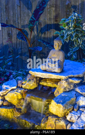 Creative illuminazione paesaggio risplende su di un Buddha in un giardino zen oasi nel cortile di una casa vicino a Austin, TX Foto Stock