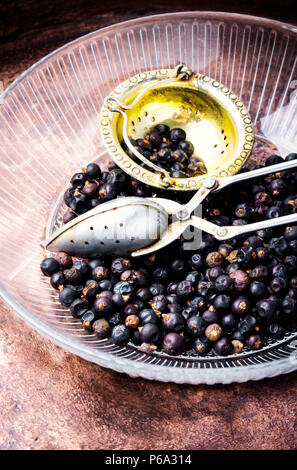 Pila di estratto secco di bacche di ginepro preparato per la guarigione di tè e gli estratti Foto Stock